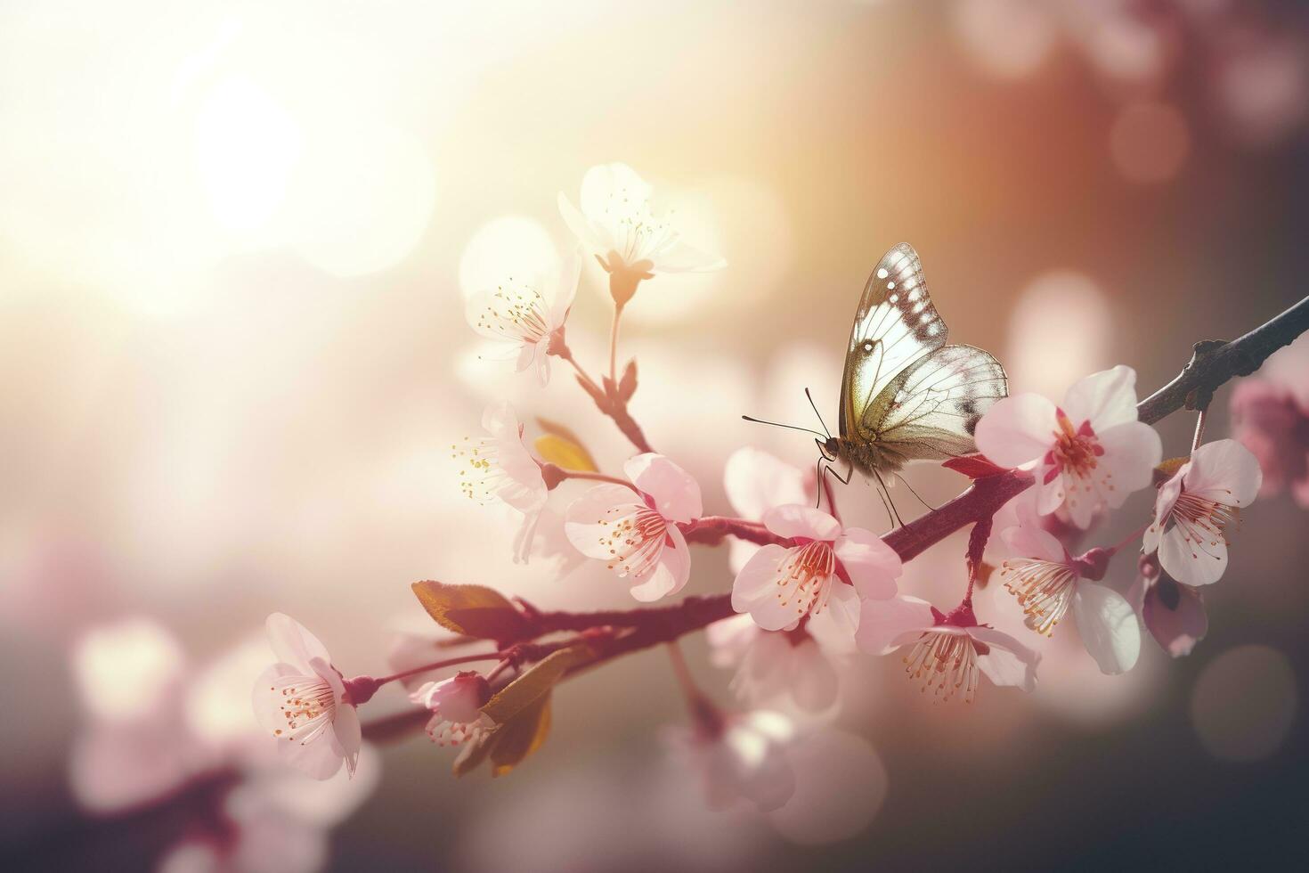 Spring banner, branches of blossoming cherry against the background of blue sky, and butterflies on nature outdoors. Pink sakura flowers, dreamy romantic image spring, landscape panorama, generate ai photo