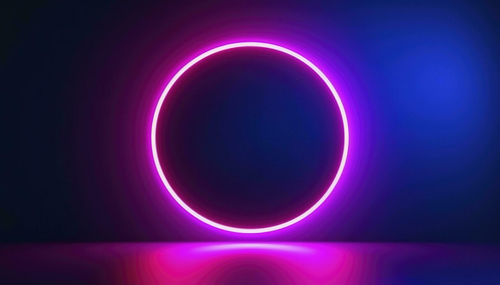 3d render, blue pink neon round frame, circle, ring shape, empty space, ultraviolet light, 80s retro style, fashion show stage, abstract background, generate ai photo