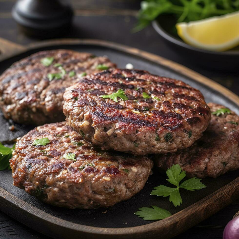 Tasty grilled hamburger patties with seasonings on wooden table, closeup, generate ai photo