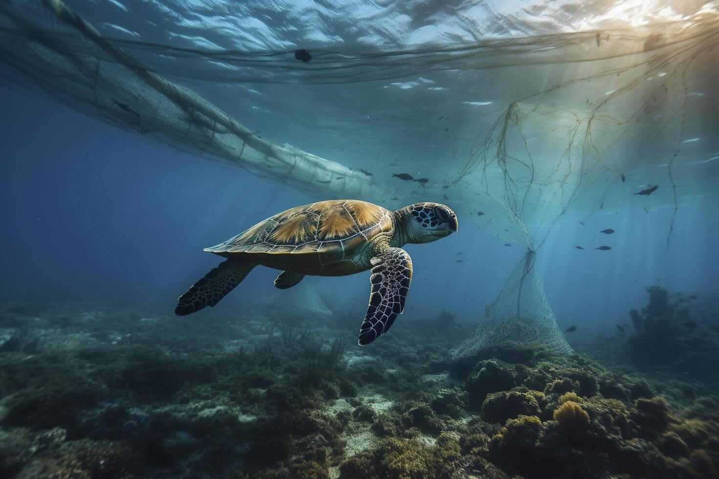 AI illustration of a turtle caught with fishing net. The concept of environmental protection. Sea, ocean turtle need to be freed from fishing nets. No to Dead turtles. photo