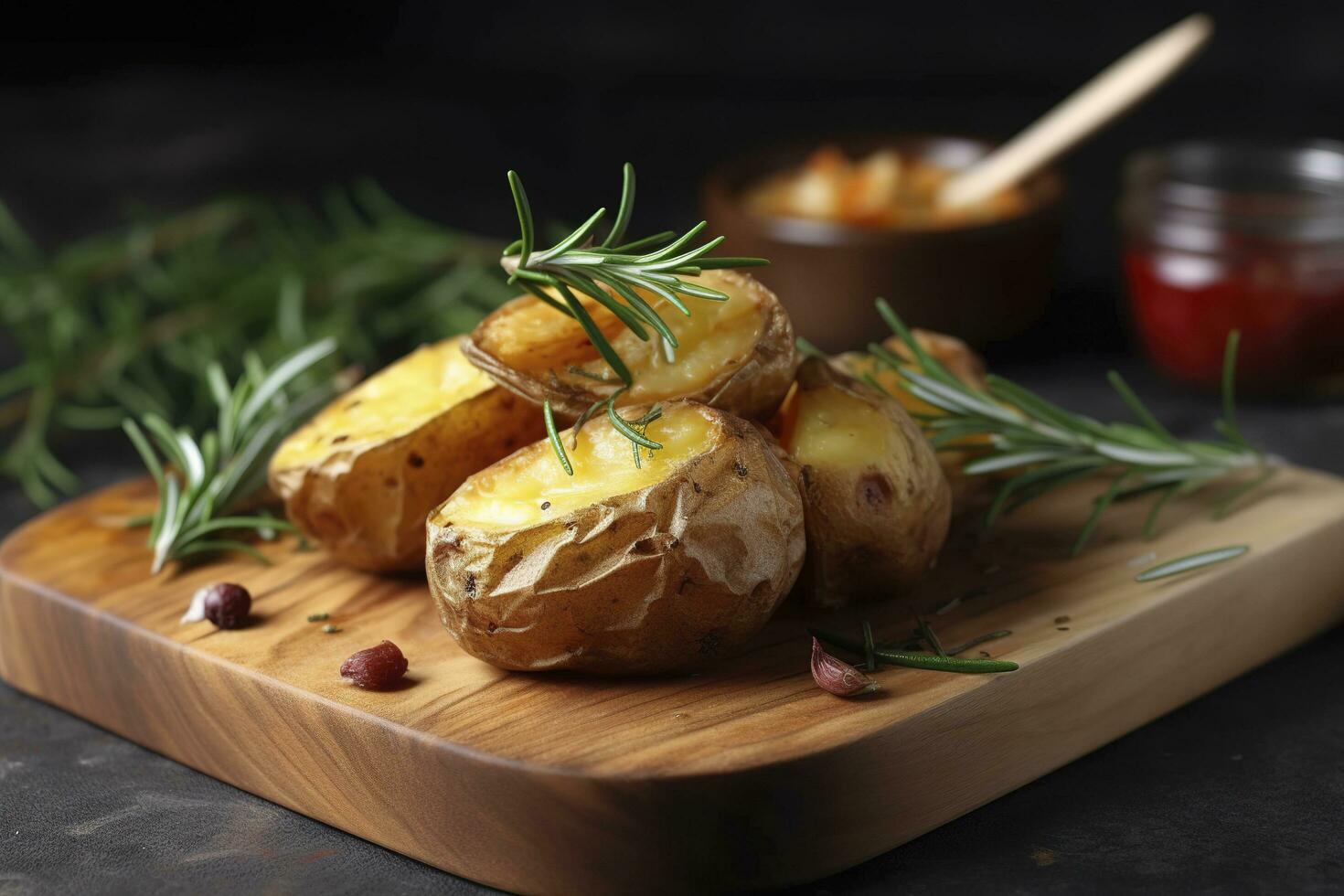 Tasty baked potato and aromatic rosemary served on wooden board, closeup, generate ai photo