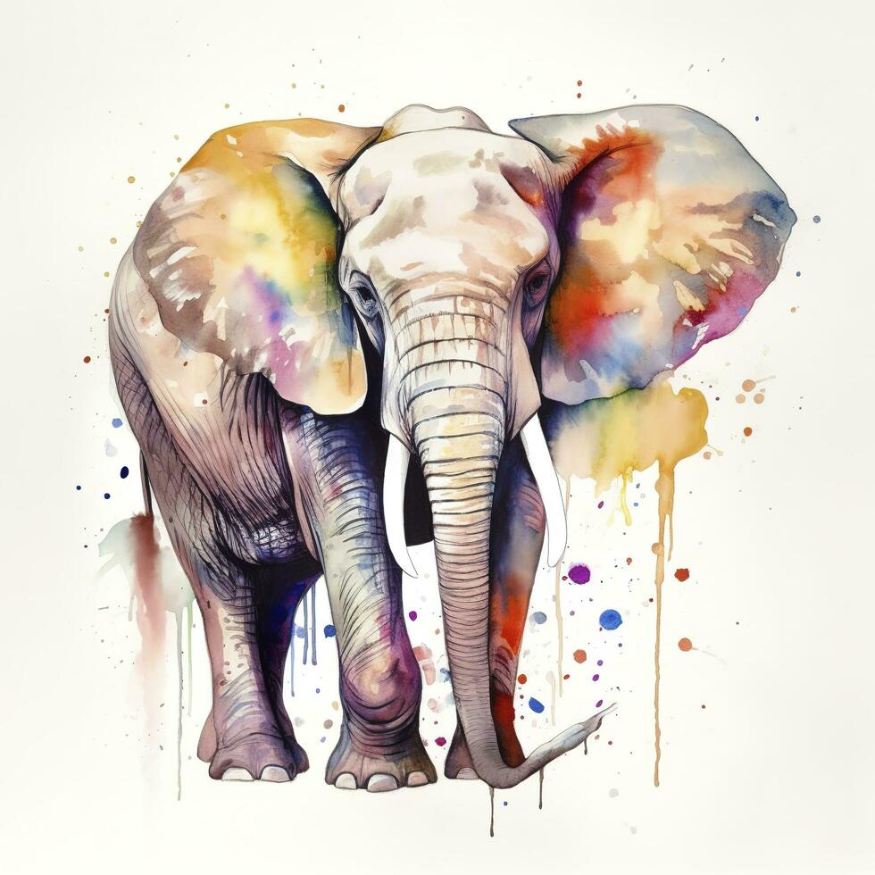 A elephant  watercolor painting, beautiful natural forms, crisp clean shapes, colorful, white background, generate ai photo