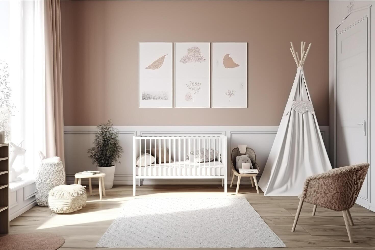 Modern minimalist nursery room in scandinavian style. Baby room interior in light colours, image photo