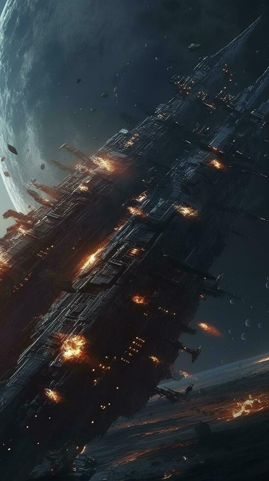 Cinematic Still, intense space battle between two massive battleships, starry sky, nebulae, galaxies, HDR futuristic space battleship destroyers traveling through an asteroid field, generate ai photo