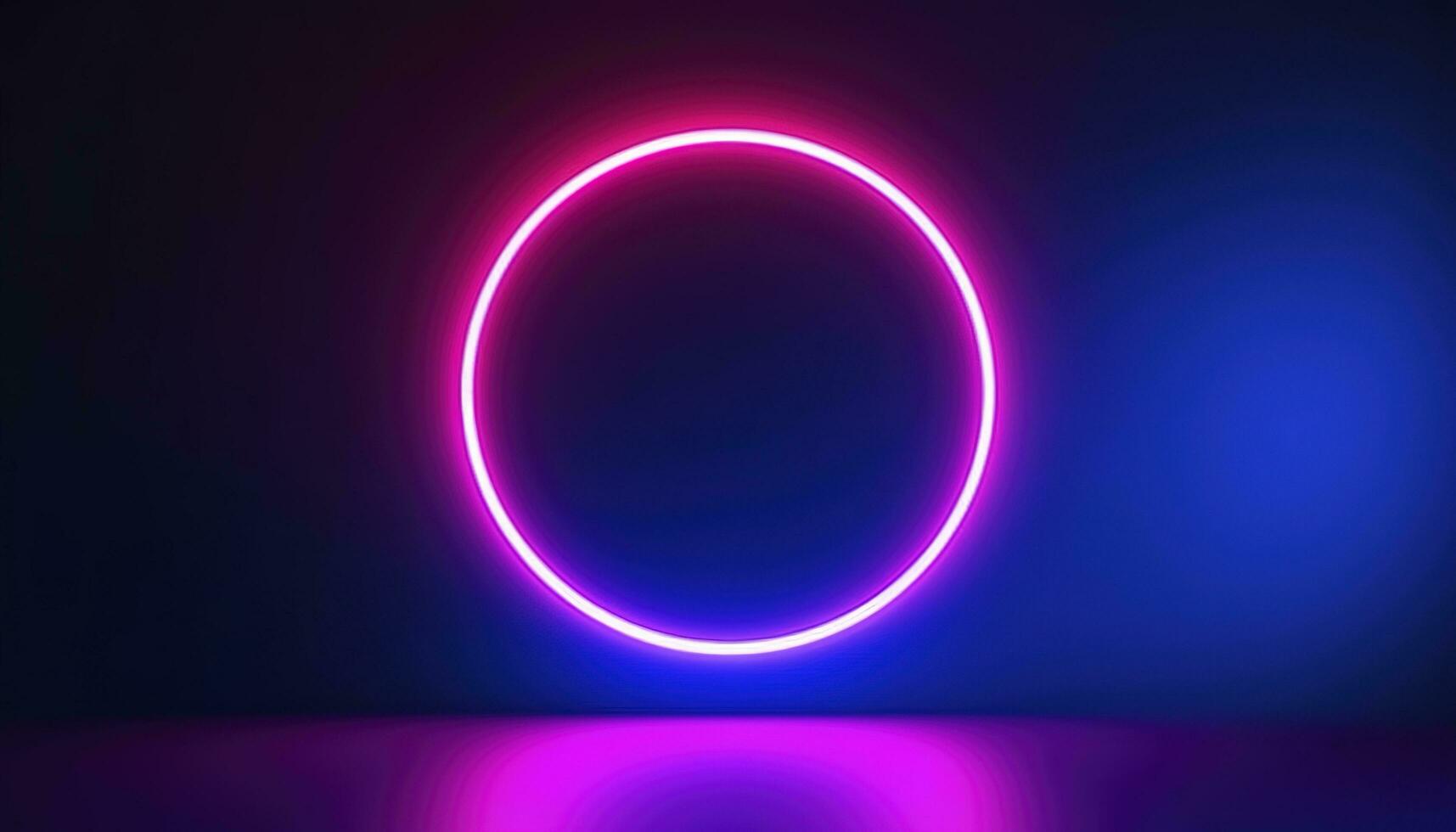 3d render, blue pink neon round frame, circle, ring shape, empty space, ultraviolet light, 80s retro style, fashion show stage, abstract background, generate ai photo