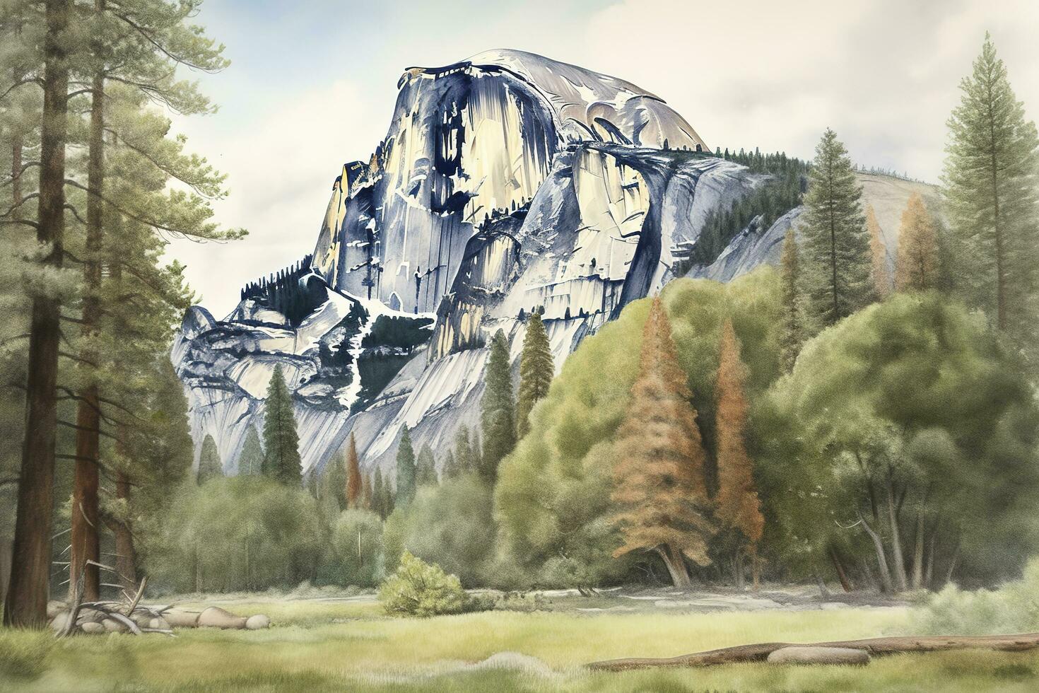 watercolor painting of a national park, featuring iconic landmarks, such as Old Faithful in Yellowstone or Half Dome in Yosemite, and intricate details of nature and wildlife, generate ai photo