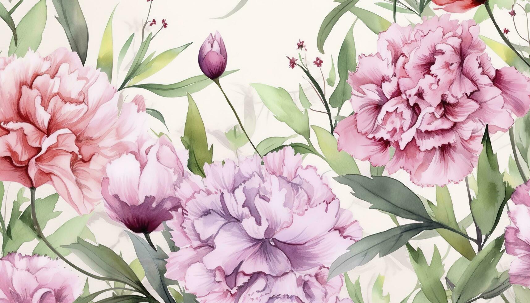 Happy mother's day background vector. Watercolor floral wallpaper design with pink carnation flowers, leaves. Mother's day concept illustration design for cover, banne , generate ai photo