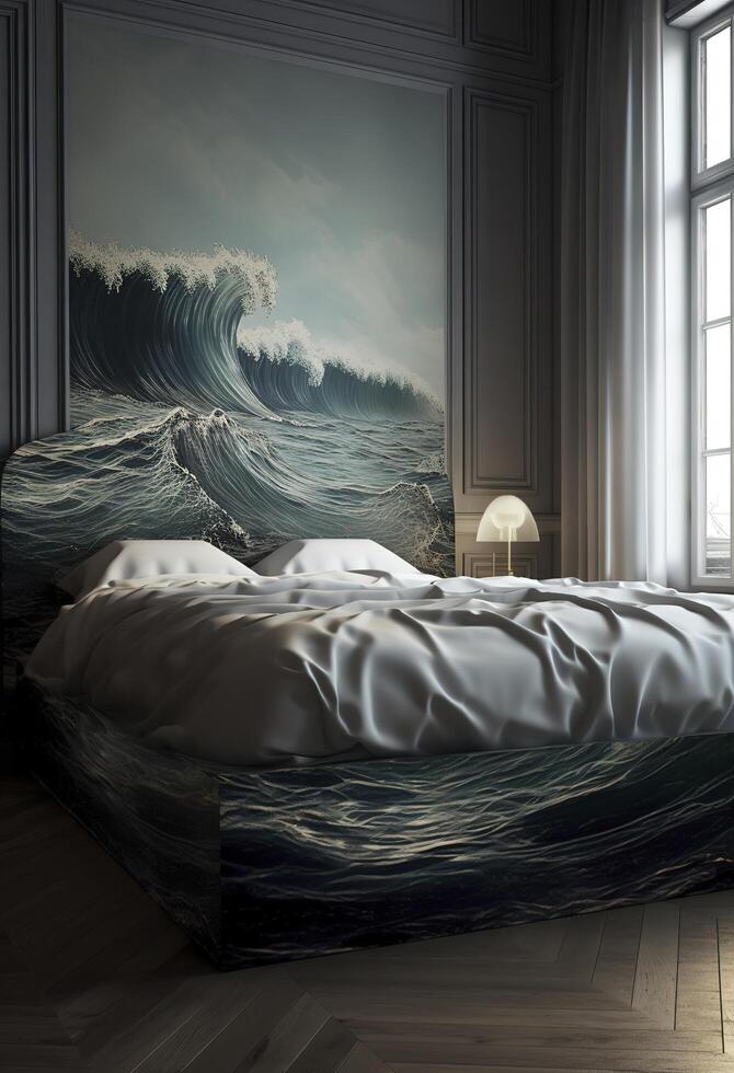 Bedroom melting into the ocean.3D rendering.Created with photo