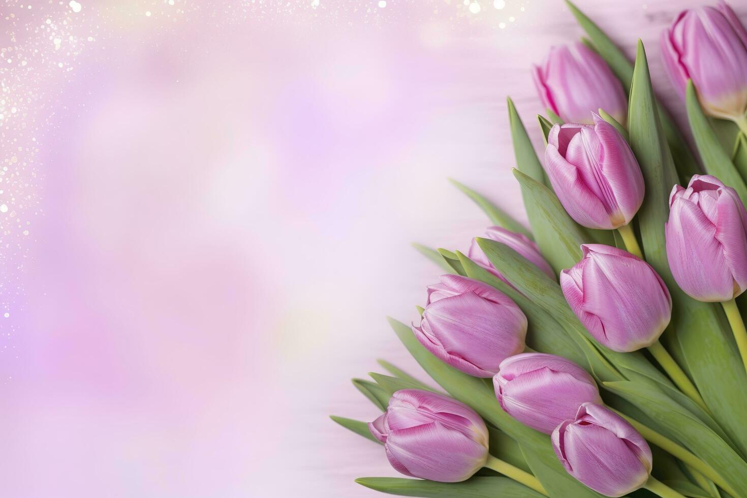 Wooden pink background with fresh spring tulips and empty copy space heart shape decoration made of wood , generate ai photo