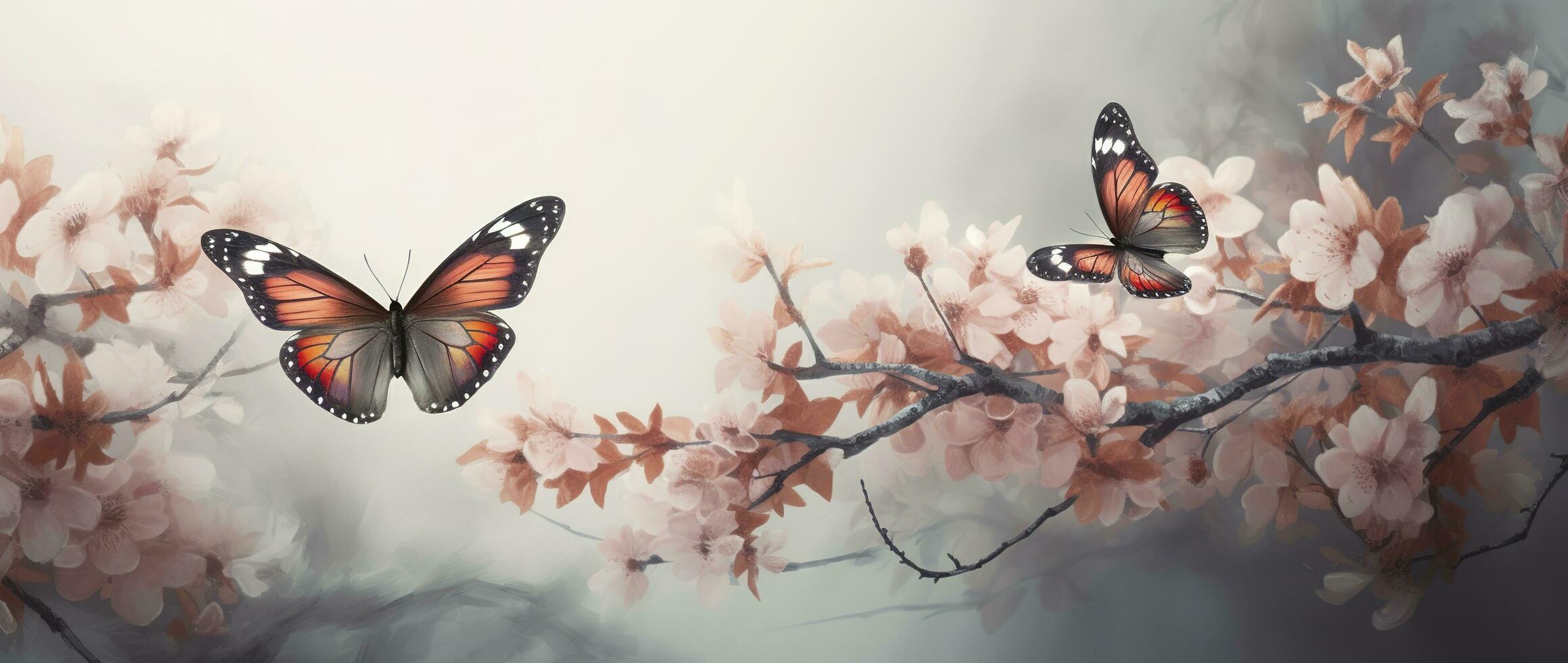 Spring banner, branches of blossoming cherry against the background of blue sky, and butterflies on nature outdoors. Pink sakura flowers, dreamy romantic image spring, landscape panorama, generate ai photo