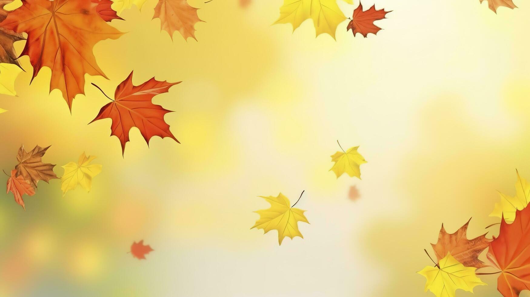 Autumn natural background with yellow and red maple leaves are flying and falling down, generate ai photo