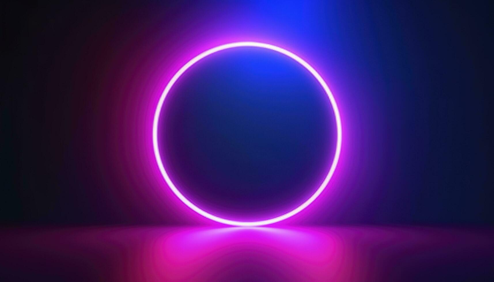 3d render, blue pink neon round frame, circle, ring shape, empty space, ultraviolet light, 80s retro style, fashion show stage, abstract background, generate ai photo