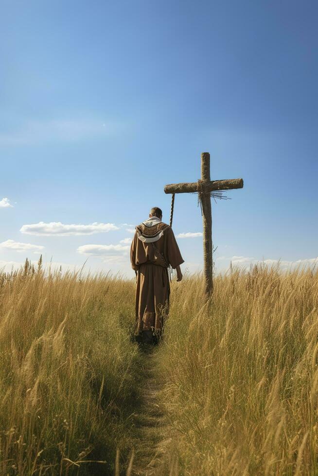 Shallow focus shot of a male carrying a handmade cross, generate ai photo