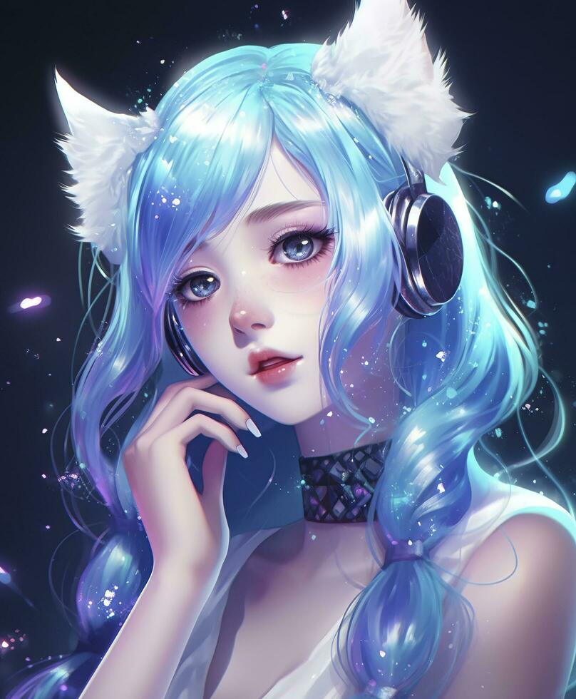 Beautiful anime girl, listening to lofi hip hop music with headphones, generate ai photo