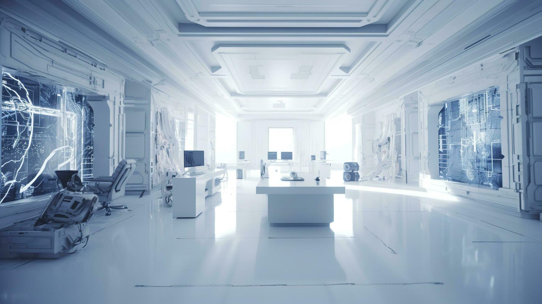artificial intelligence white library classroom in space, a futuristic  library with a lot of books with natural light,  photorealistic 2050, generate ai photo