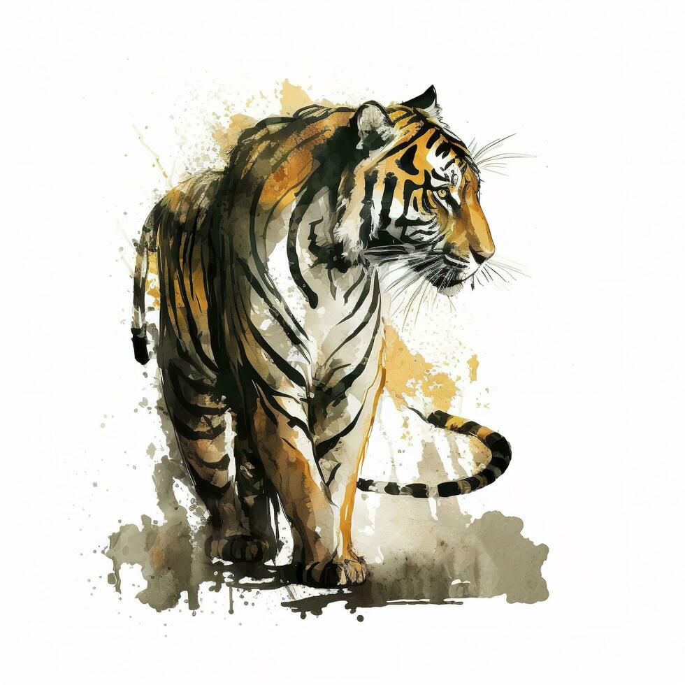 isolated tiger watercolour splashes with ink painting, llustration art, generate ai photo
