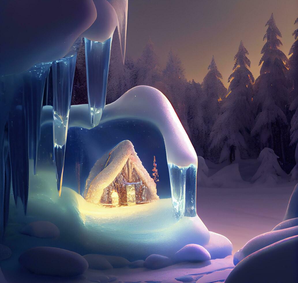 juguete casa soportes en nieve durante el noche , generar ai foto