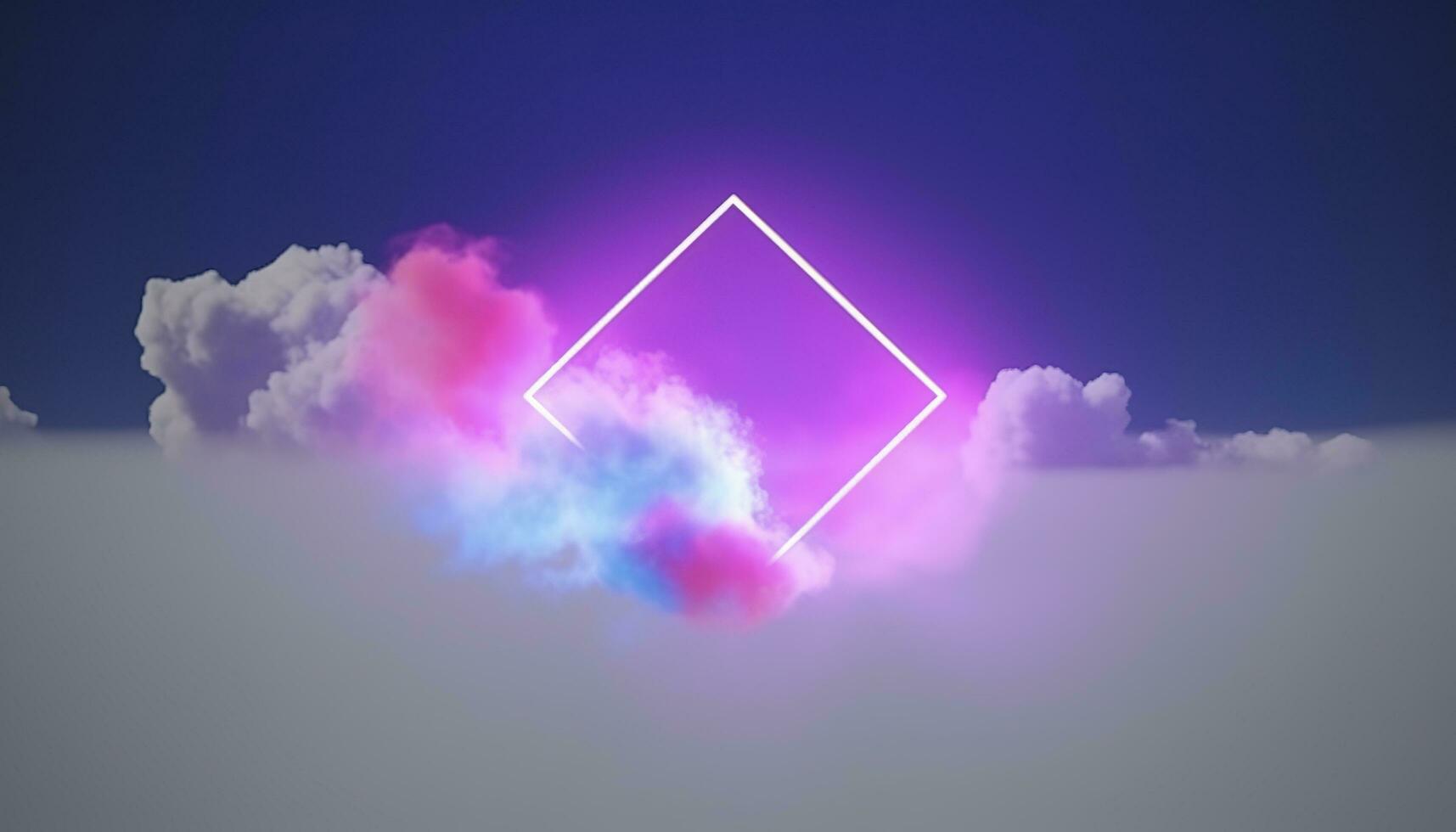 3d render, abstract minimal background with pink blue yellow neon light square frame with copy space, illuminated stormy clouds, glowing geometric shape, generate ai photo