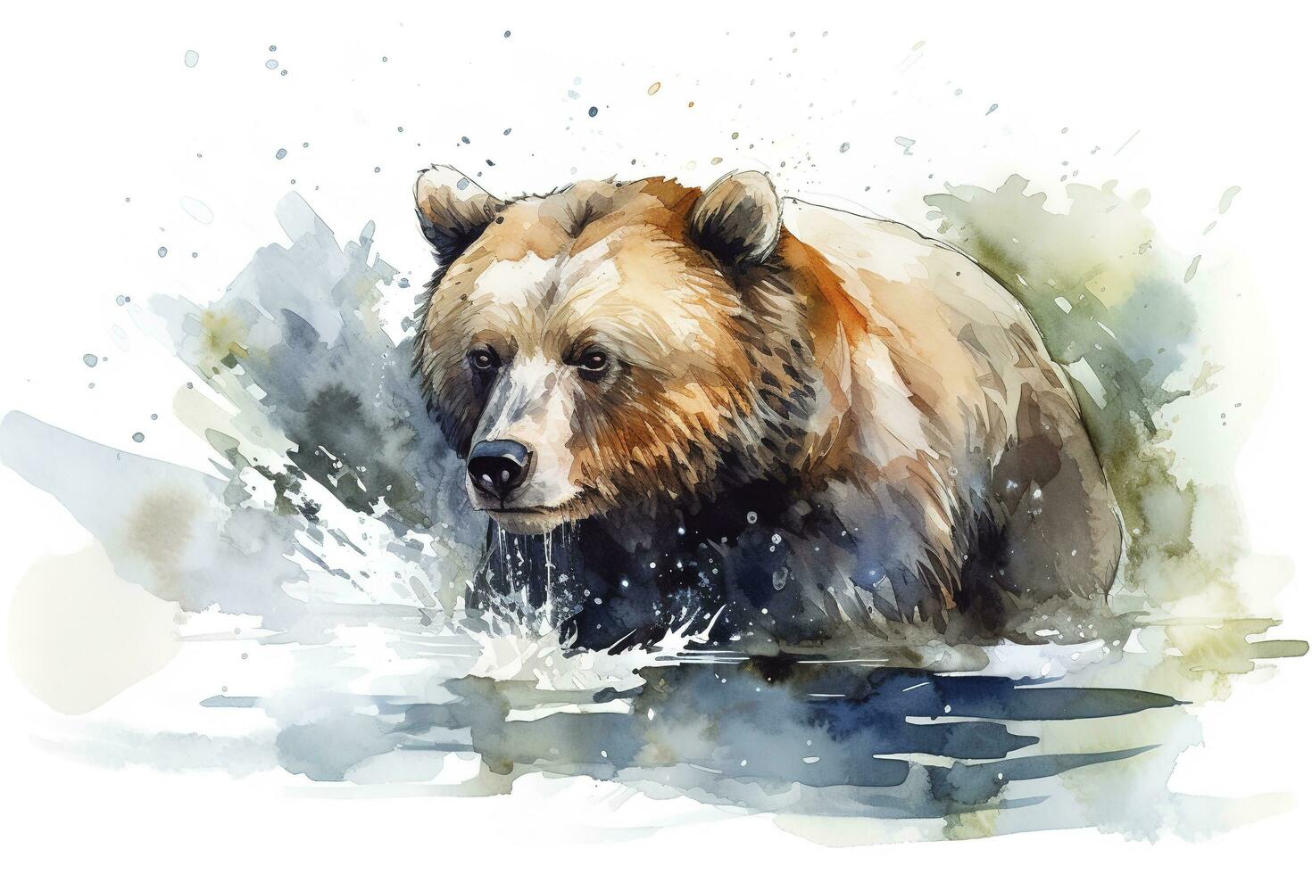 A bear fishing in a river watercolor painting, beautiful natural forms, crisp clean shapes, colorful, white background, generate ai photo