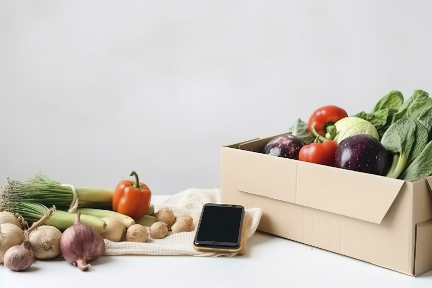 smartphone with food delivery application over table with fresh groceries isolated on white background, generate ai photo