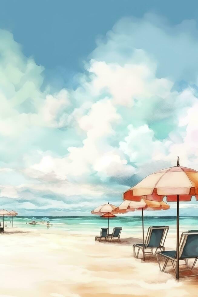 Beautiful beach banner. White sand, chairs, and umbrella travel tourism wide panorama background concept. Amazing beach watercolor landscape watercolor painting, generate ai photo