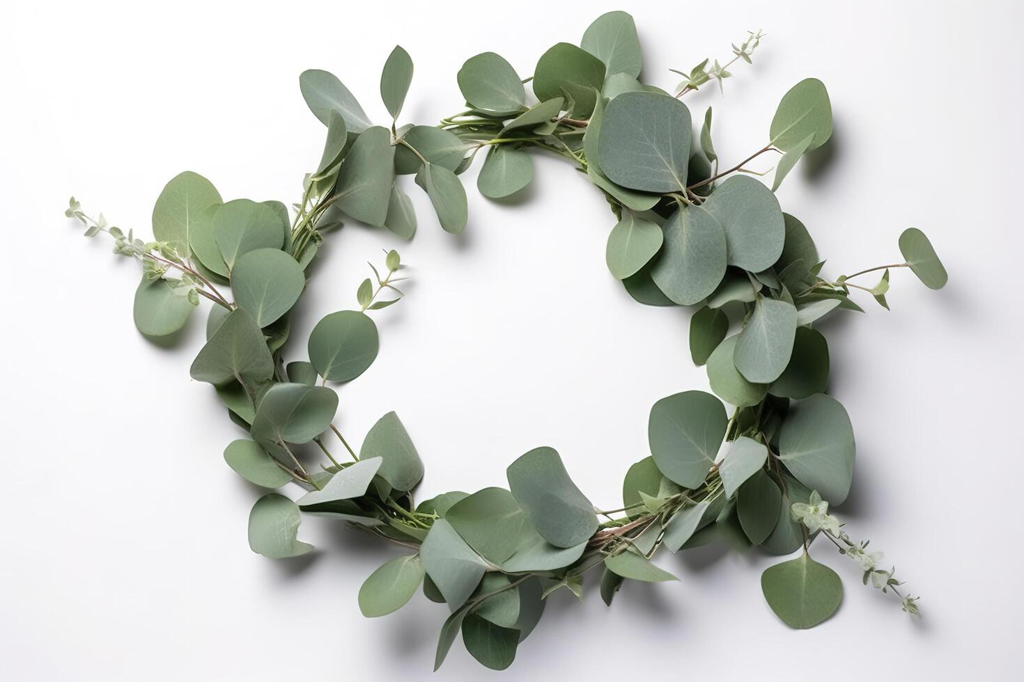 Wreath made of eucalyptus branches. Green floral frame made of eucalyptus leaves. Decorative wreath isolated on white. Minimal natural composition, botanical design, flat lay, top view. photo