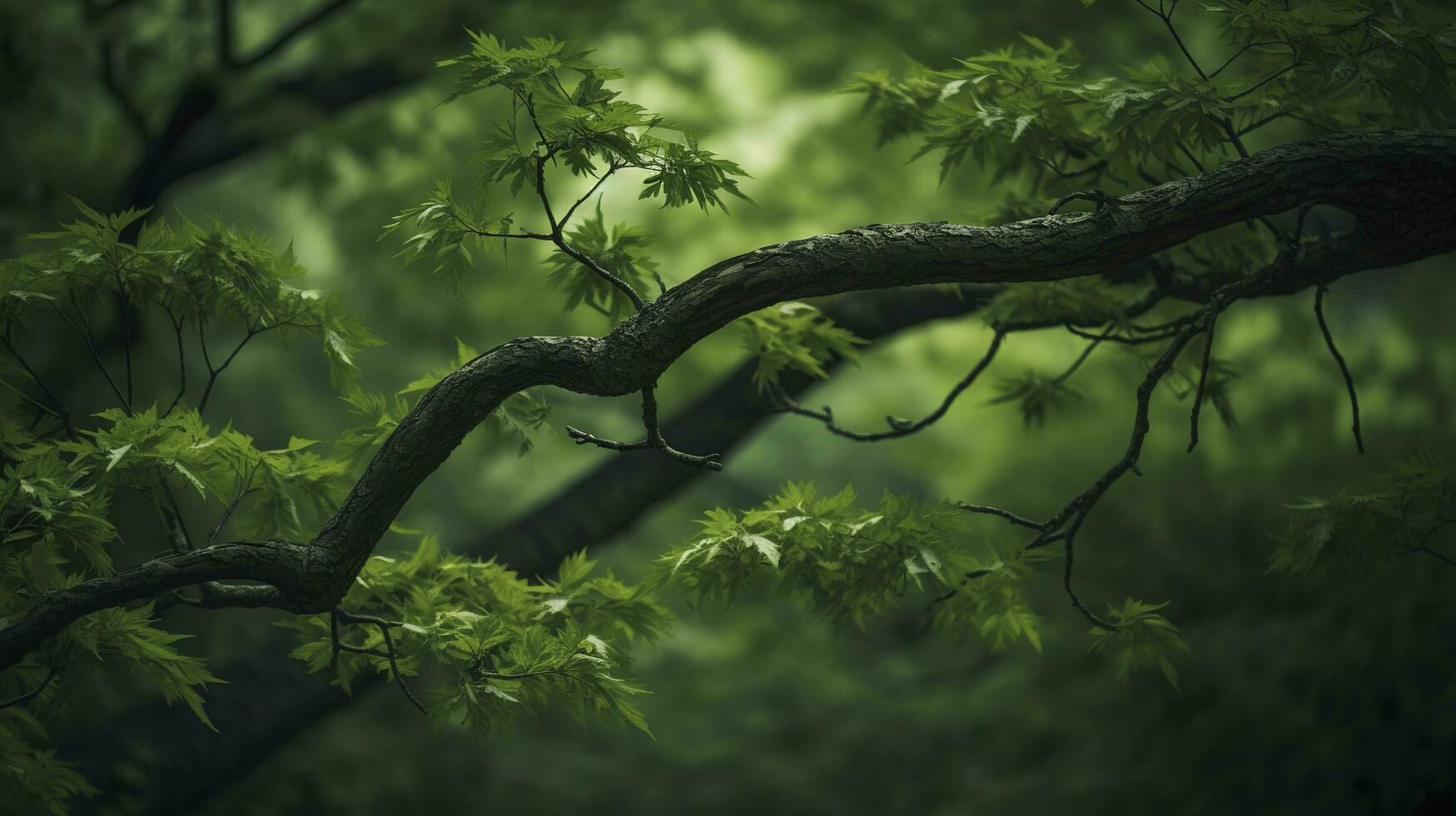 Earth Day and World Environment Day, Spring, Tropical tree leaves and branch with beautiful green forest background, generate ai photo