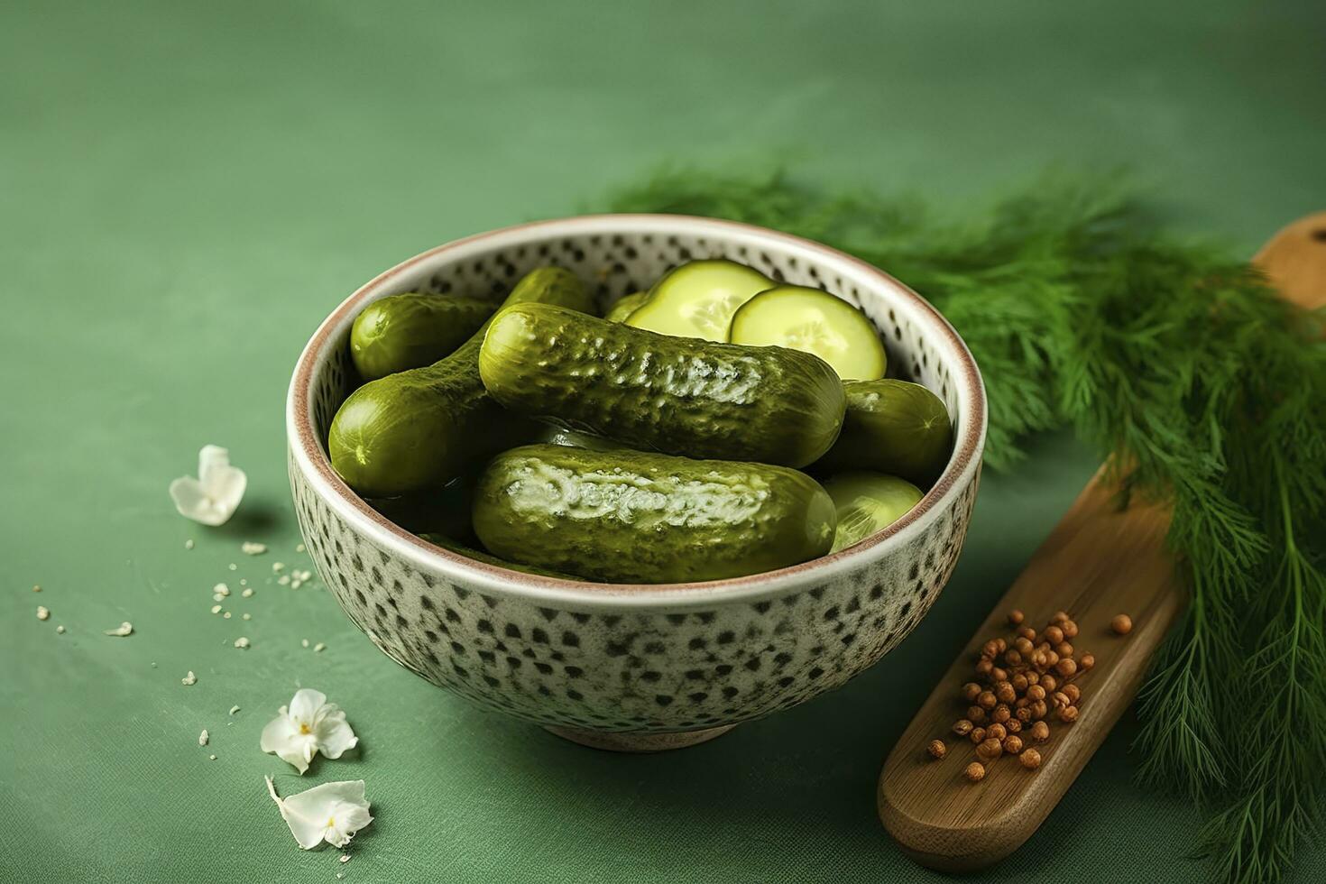 Bowl with tasty fermented cucumbers and ingredients on green background, generate ai photo