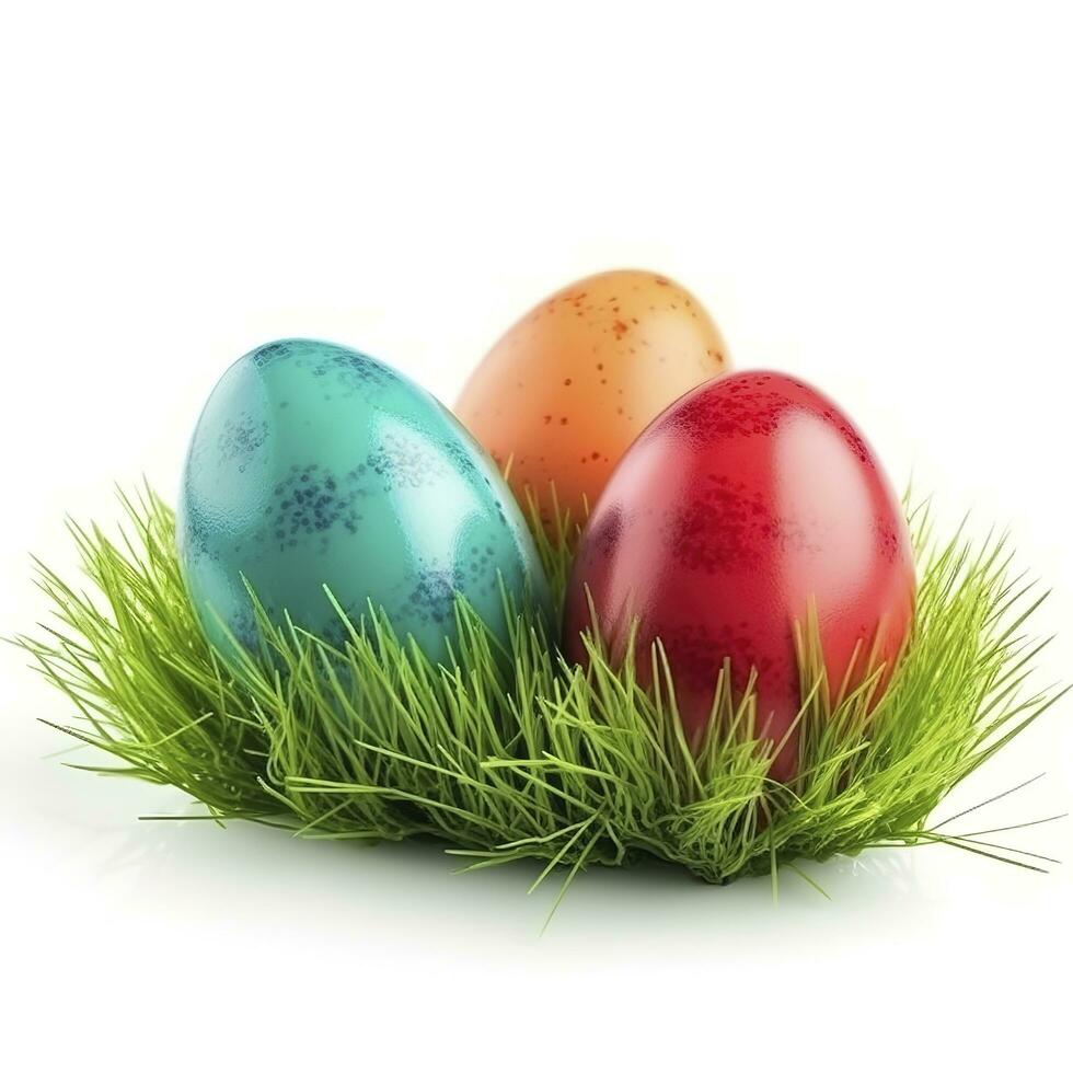 Easter eggs in green grass isolated on white background, generate ai photo