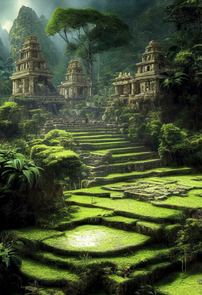 Path to another dimension. In a dense green forest. The leaves on the trees are green. The whole earth is covered with green grass. 3D illustration, generate ai photo