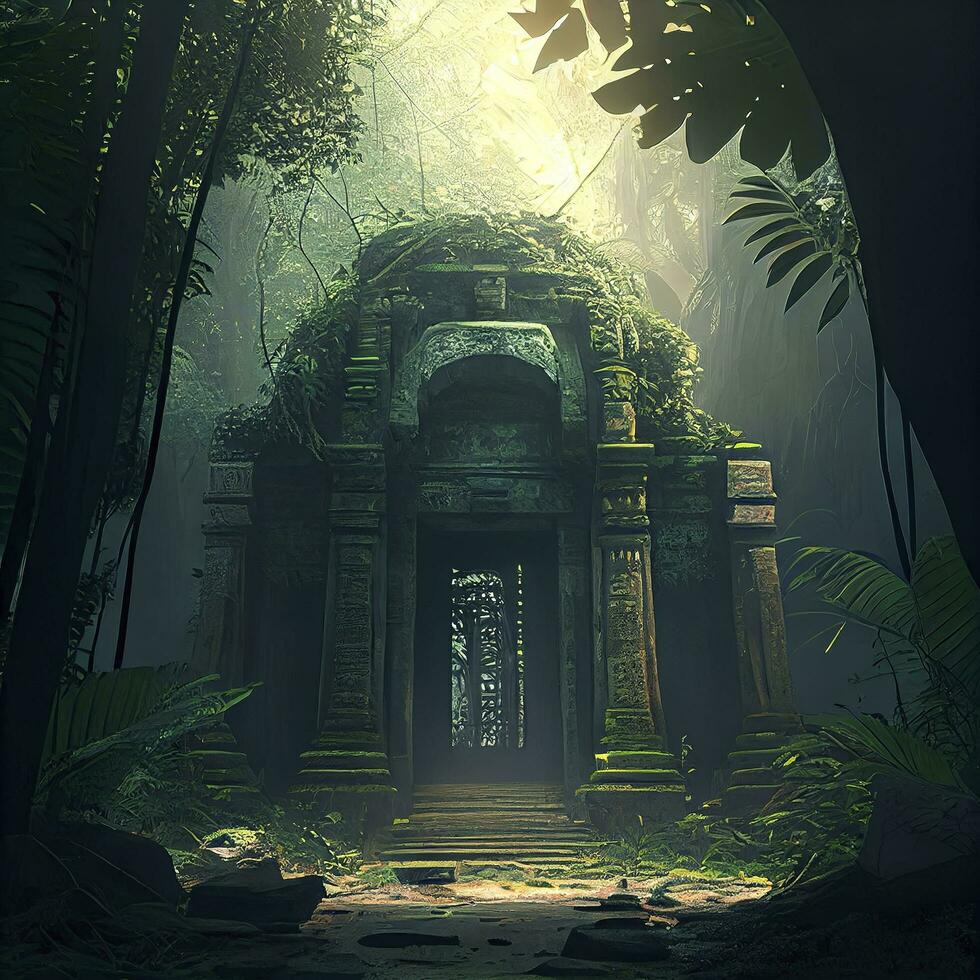 Magical portal under an ancient stone arch located in the jungle wild forest blue glow ancient stone buildings cultural monuments teleportation to parallel universes 3d rendering, generate ai photo