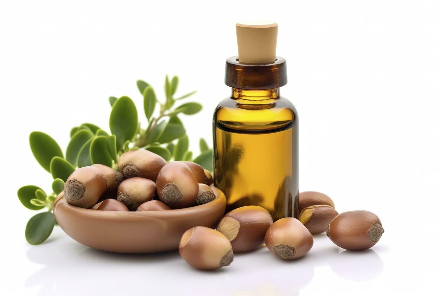 Argan seeds isolated on a white banner background. Argan oil nuts with plant. Cosmetics and natural oils background, generate ai photo
