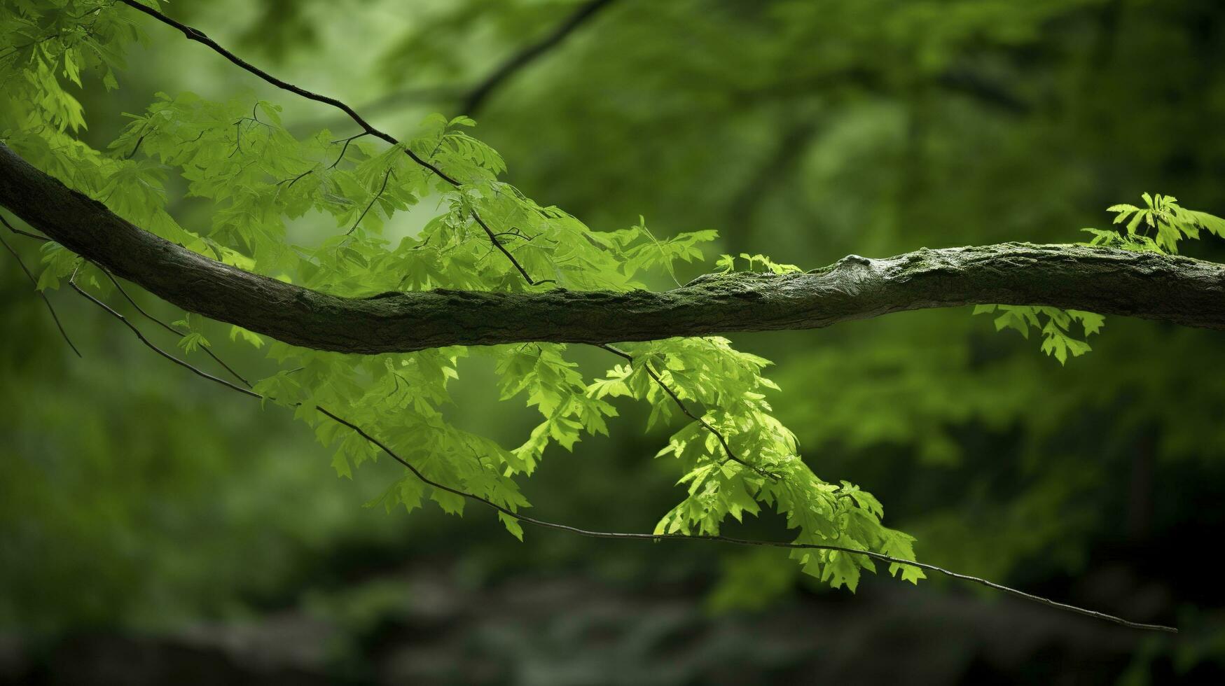 Earth Day and World Environment Day, Spring, Tropical tree leaves and branch with beautiful green forest background, generate ai photo