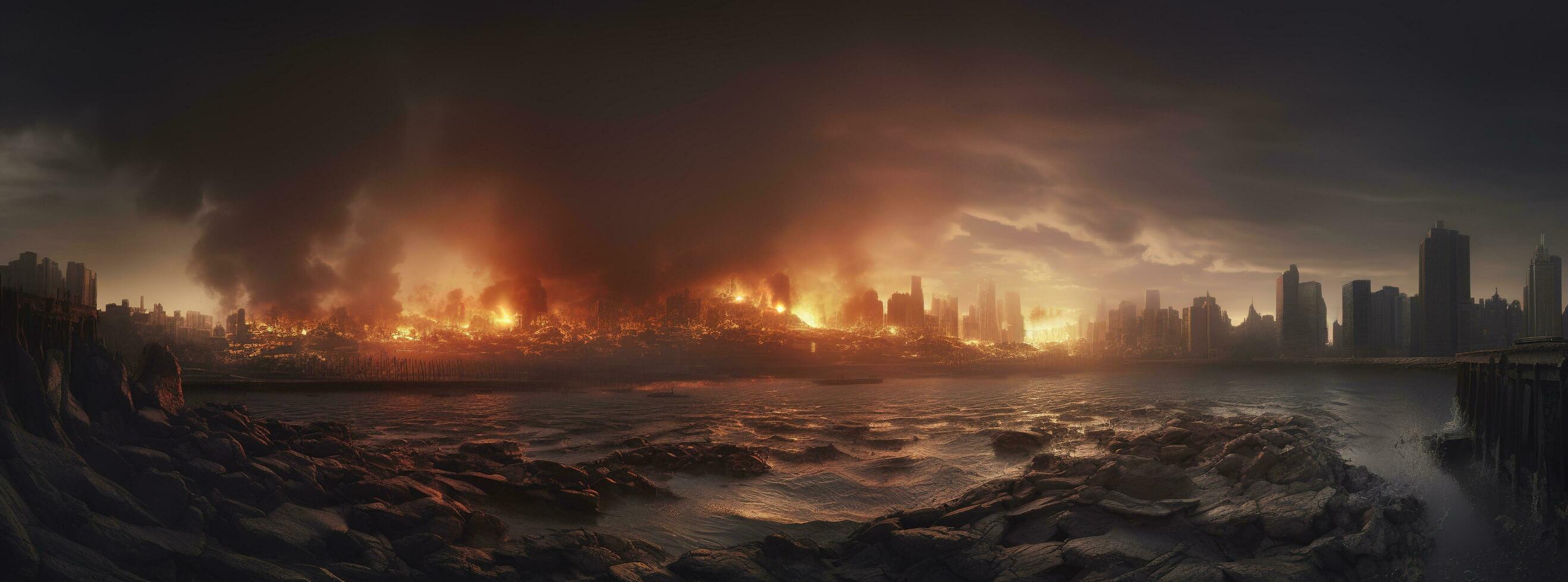 Post apocalypse. Nuclear apocalypse survivor. Ruined Cityscape. Concept. Banner size. Header, A nuclear explosion in the center of the metropolis. The beginning of apocalyptic, generate ai photo