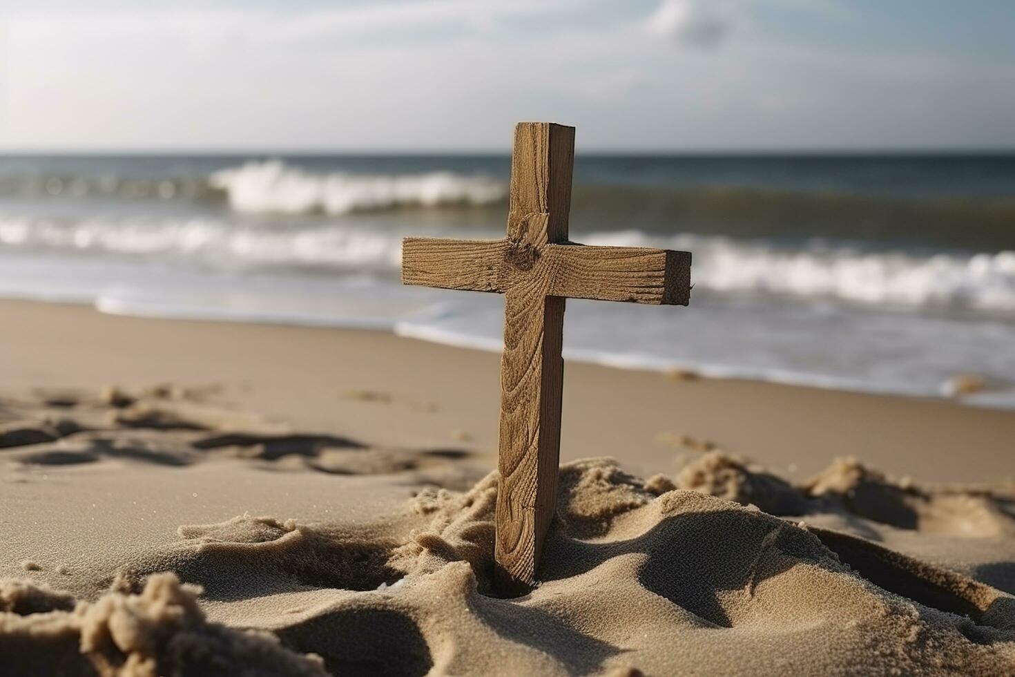 crucifixión de Jesús Cristo - cruzar a atardecer, generar ai foto