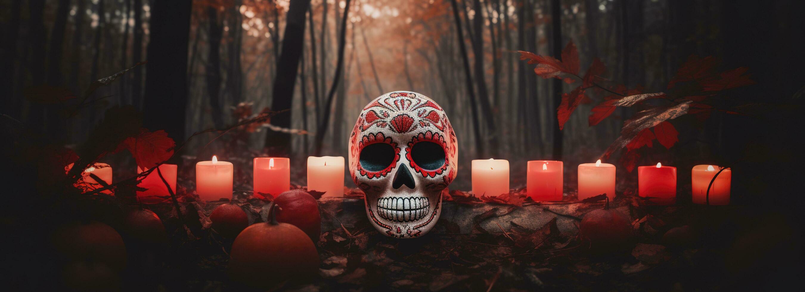 Day of the Dead skulls. Dia de los muertos. Day of the dead and mexican Halloween background. Mexican tradition festival. Day of the dead sugar skull. Dia de los Muertos, generate ai photo