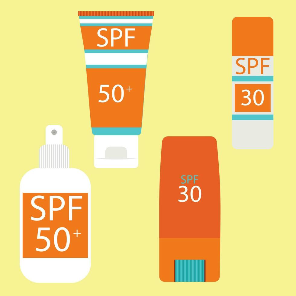 Set of Sunscreens, lotions with SPF. Sunscreen protection and sun safety. Flat vector illustration.