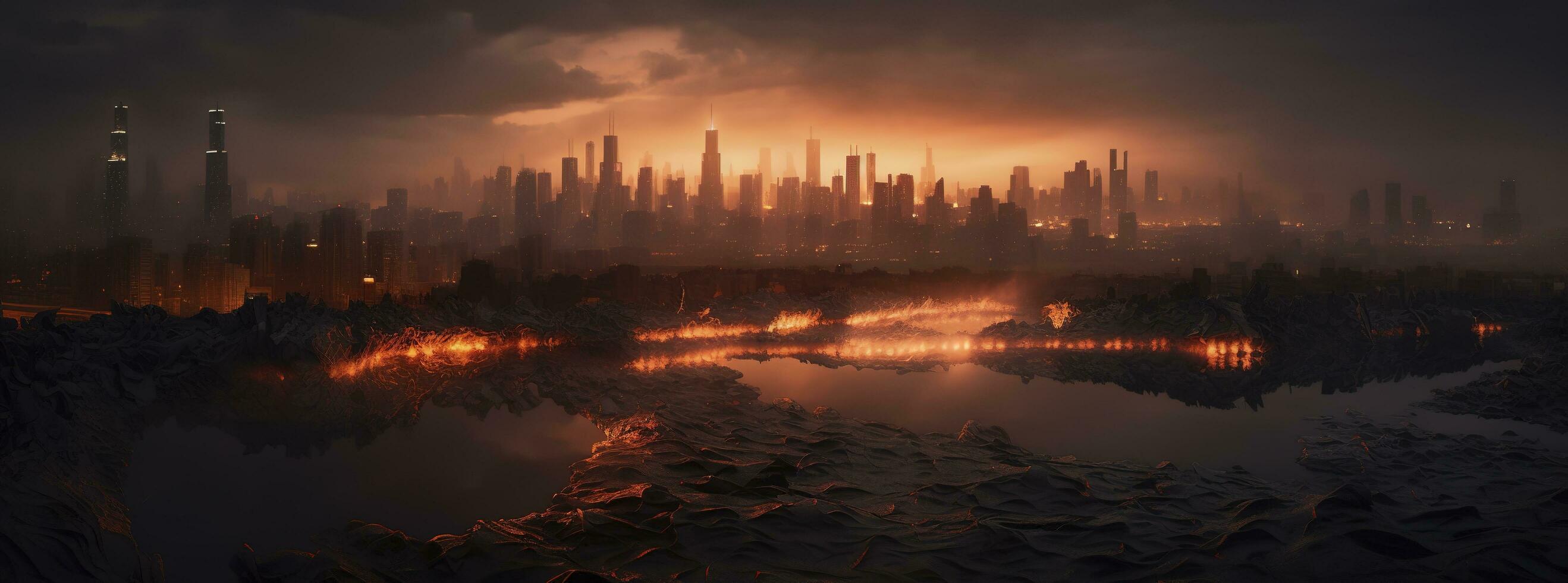 Post apocalypse. Nuclear apocalypse survivor. Ruined Cityscape. Concept. Banner size. Header, A nuclear explosion in the center of the metropolis. The beginning of apocalyptic, generate ai photo