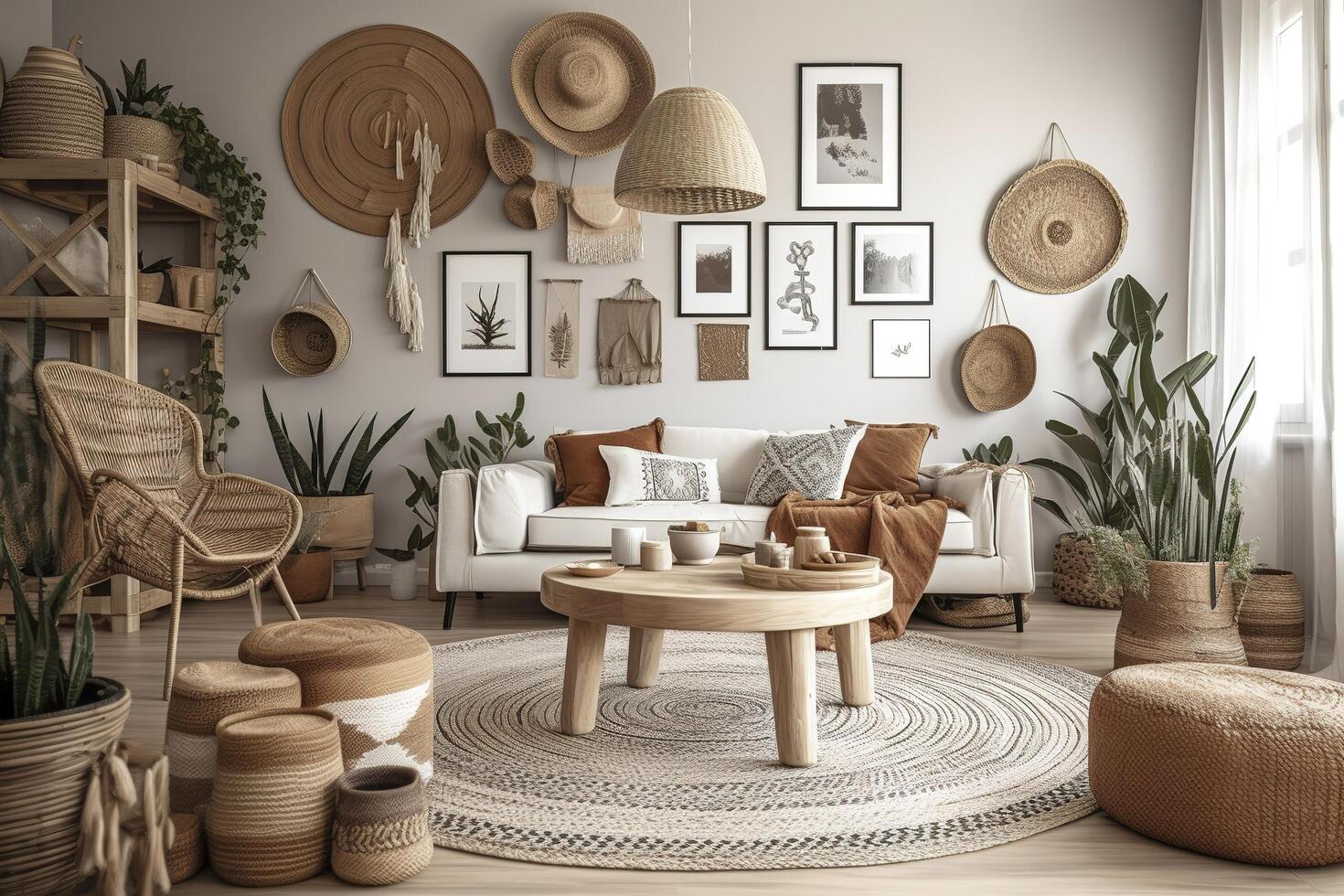 Stylish and modern boho inspired living room with carpet, rattan ...