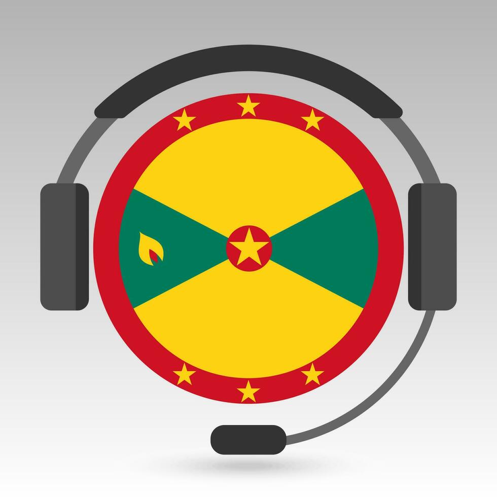 Grenada flag with headphones, support sign. Vector illustration.
