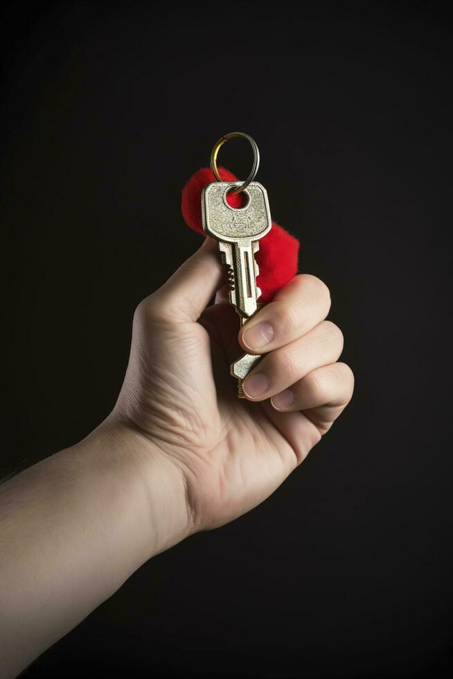 house key in woman hand and Black background, generate ai photo