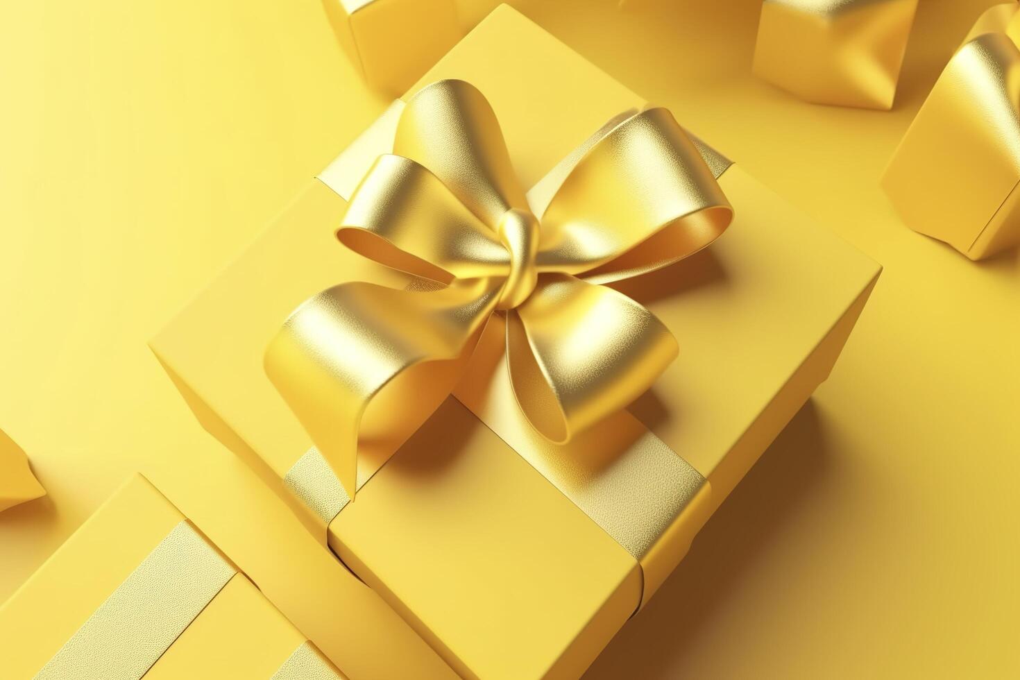 Gift box with golden satin ribbon and bow on yellow background. Holiday gift with copy space. Birthday or Christmas present, flat lay, top view. Christmas giftbox concept. . photo