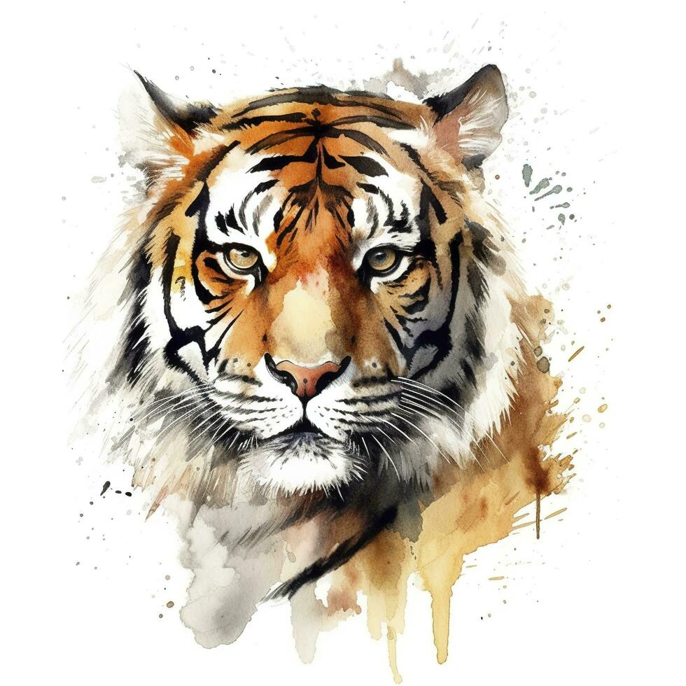 isolated tiger watercolour splashes with ink painting, llustration art, generate ai photo