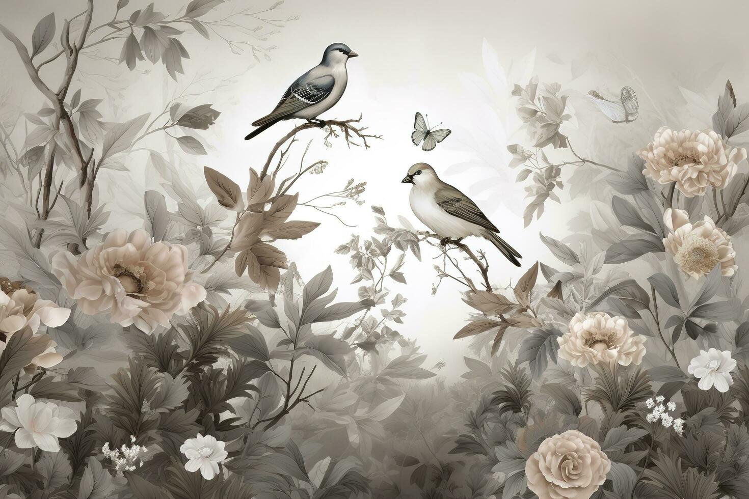 3d floral mural wallpaper with a light simple background. branches of flowers, herbs, birds, and mountains. modern art for wall home decor, generate ai photo