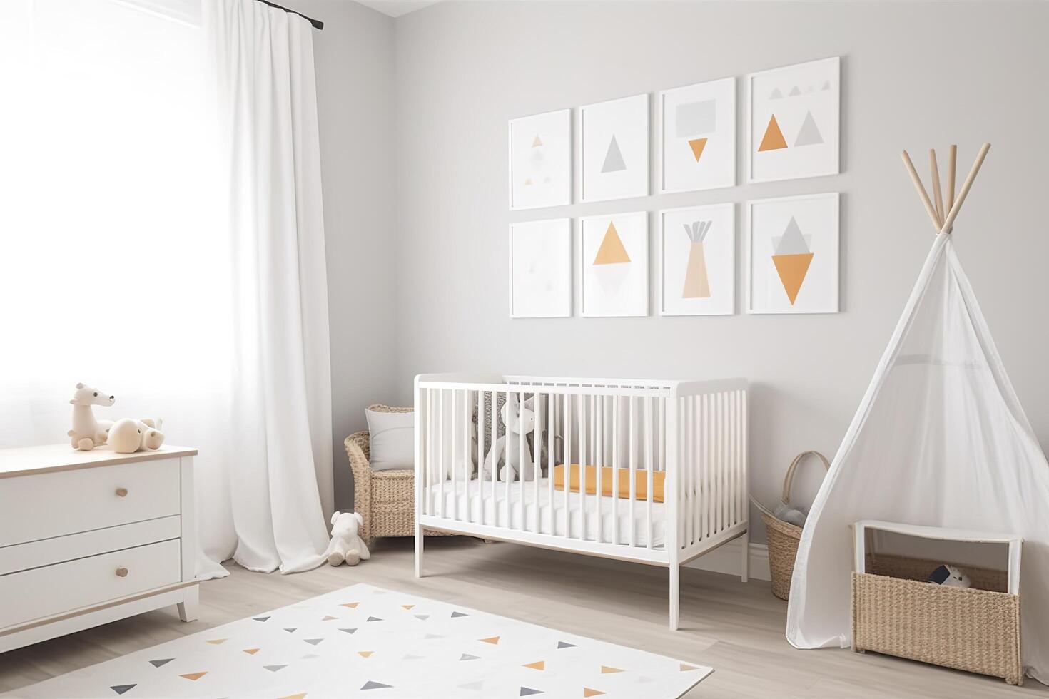 Modern minimalist nursery room in scandinavian style. Baby room interior in light colours, image photo