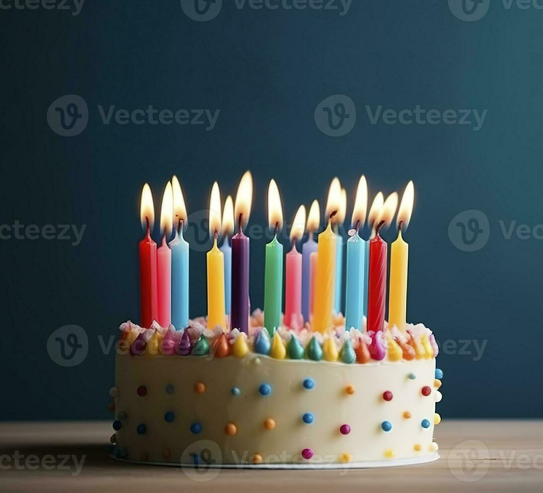 Celebration birthday cake with twenty one colorful birthday candles, generate ai photo