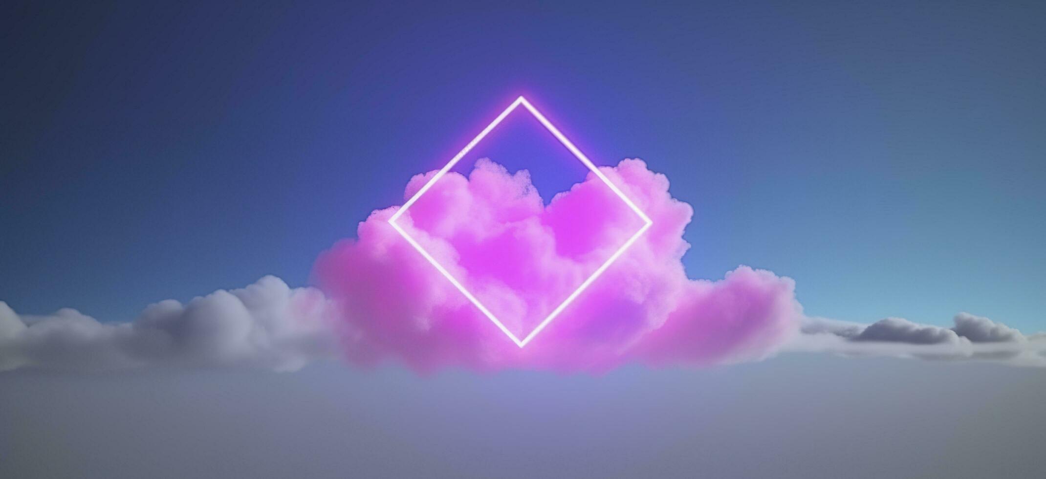 3d render, abstract minimal background with pink blue yellow neon light square frame with copy space, illuminated stormy clouds, glowing geometric shape, generate ai photo