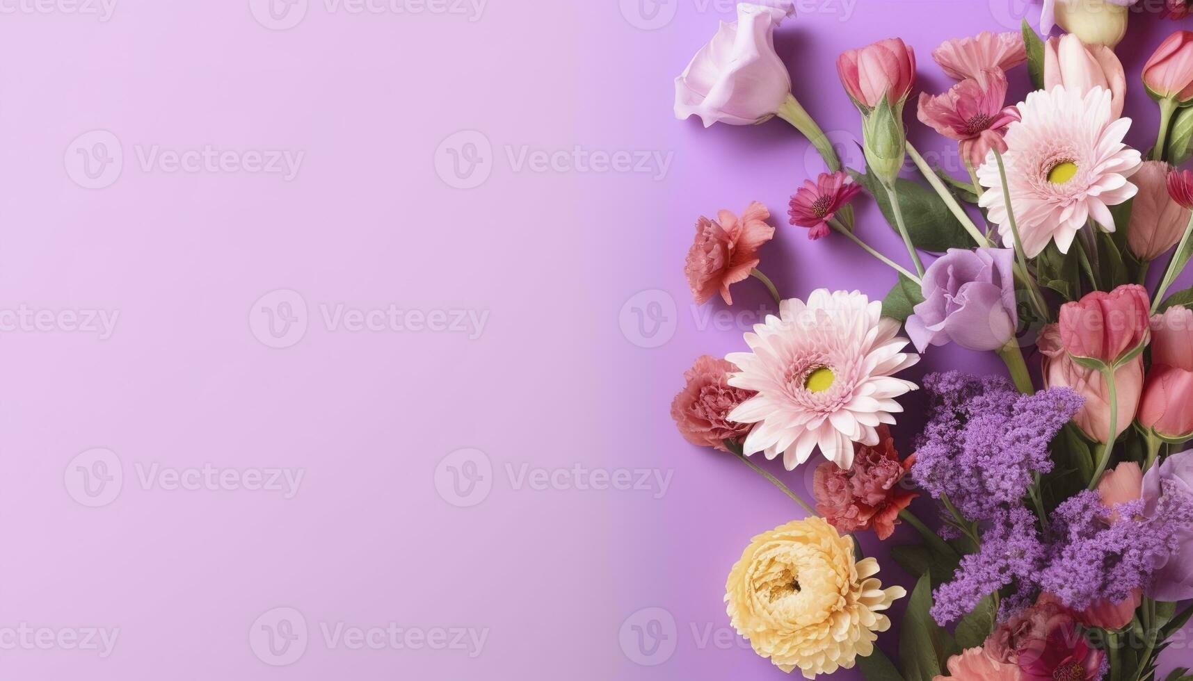 multicolored spring flowers on purple background , generate ai photo