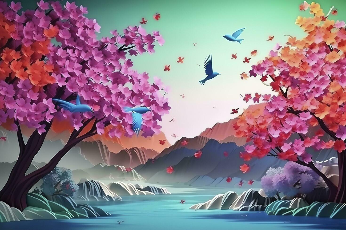 3d mural colorful landscape. flowers branch multi colors with trees and water. Waterfall and flying birds. suitable for printing on canvas, generate ai photo