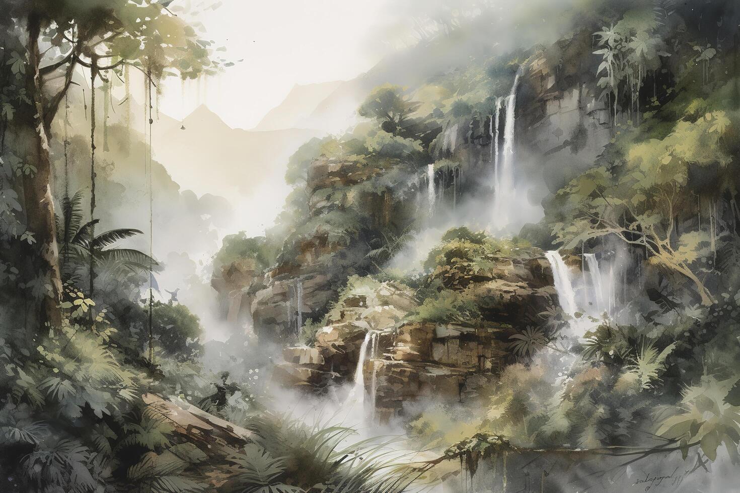 stunning waterfall surrounded by lush green forest. photo